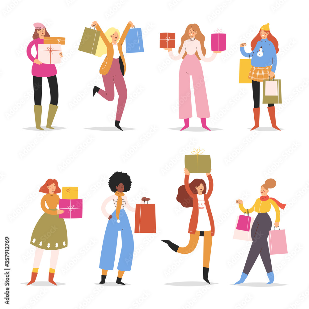 Collection of young women carrying festive gifts, bags with purchases. Girls set taking part in seasonal Christmas sale, Black friday at store, shop, mall. Cartoon characters on white background