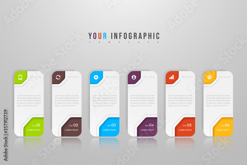 Infographic concept design with 6 options, steps or processes. Can be used for workflow layout, annual report, flow charts, diagram, presentations, web sites, banners, printed materials.