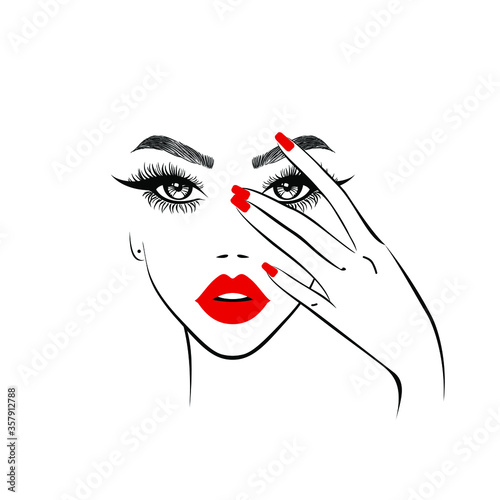Beautiful woman face with red lips, lush eyelashes, one eye open one closed with hand red manicure nails. Spa salon. Beauty Logo. Vector illustration