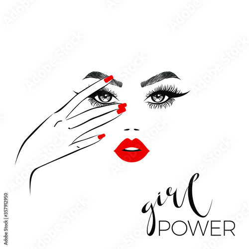 Beautiful woman face with red lips, lush eyelashes, hand with red manicure nails. Sign lettering girl power. Spa salon. Beauty logo, vector illustration.