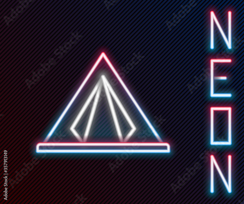 Glowing neon line Tourist tent icon isolated on black background. Camping symbol. Colorful outline concept. Vector Illustration