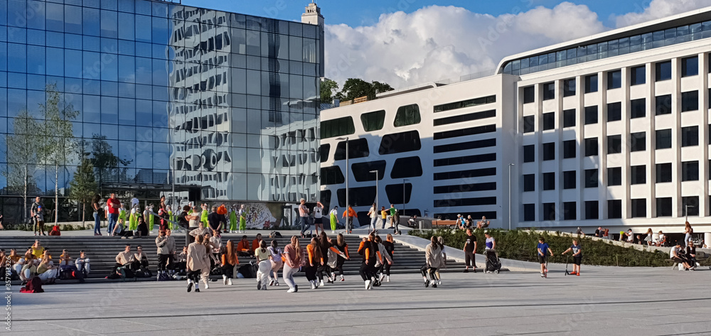 Obraz premium June 15, 2020 Unity Vienybes Square in the center of Kaunas. Lithuania, Europe. Public space for leisure and events