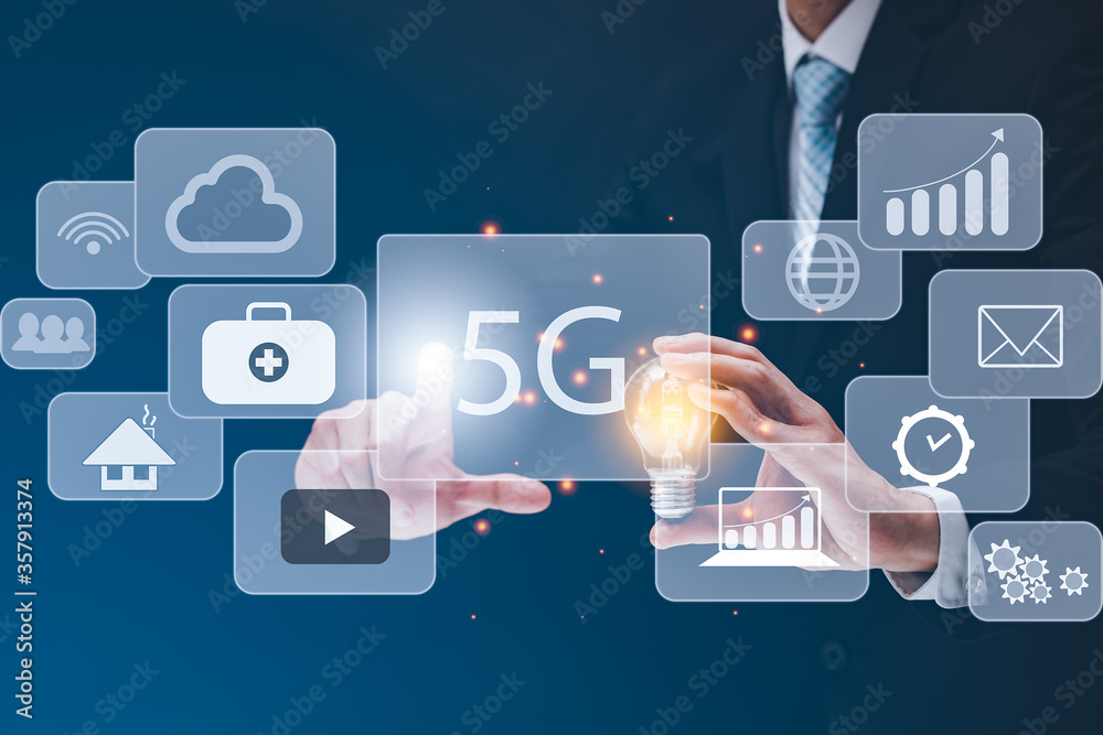 Businessman hold the light bulb on blue background dark polygon digital network with using line flying globe social interaction concept. Businessman hold the light bulb on blue background dark polygon digital network with using line flying globe social interaction concept.