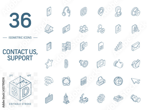 Isometric line art icon set. Vector illustration with contact us symbols. Communication, home, call, speech bubble, email, letter, envelope, handshake pictogram. 3d technical drawing. Editable stroke