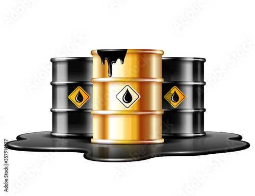 Black and gold barrels with oil drop label on spilled puddle of crude oil.