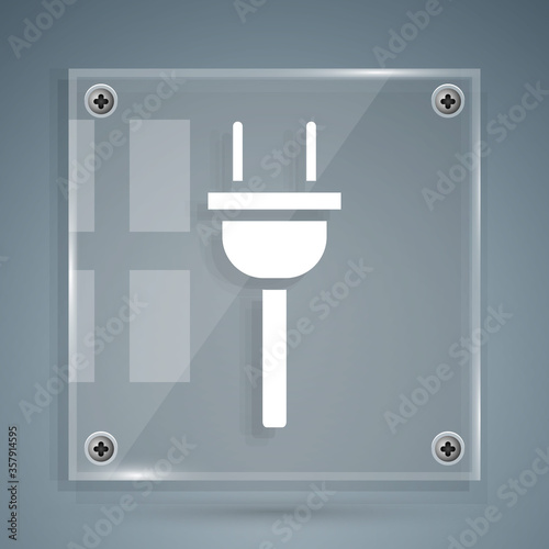 White Electric plug icon isolated on grey background. Concept of connection and disconnection of the electricity. Square glass panels. Vector Illustration