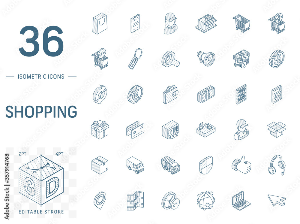 Isometric line art icon set. Vector illustration with shoppig symbols. Add to cart or basket, mall, supermarket building, deliveryman, online market pictogram. 3d technical drawing. Editable stroke Isometric line art icon set. Vector illustration with shoppig symbols. Add to cart or basket, mall, supermarket building, deliveryman, online market pictogram. 3d technical drawing. Editable stroke
