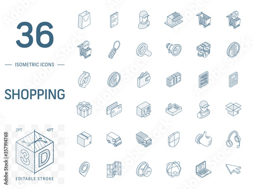 Isometric line art icon set. Vector illustration with shoppig symbols. Add to cart or basket, mall, supermarket building, deliveryman, online market pictogram. 3d technical drawing. Editable stroke