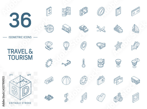 Isometric line art icon set. Vector illustration with travel, tourism symbols. Summer vacation, airplane, map, luggage, sunglasses pictogram. 3d technical drawing. Editable stroke