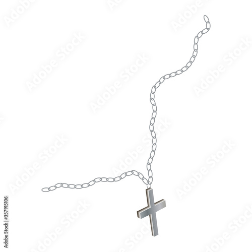 Religious orthodox silver cross on a chain isolated on white. The chain is torn. Vector EPS10.