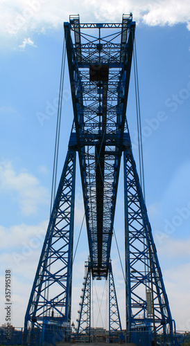 The Tees Transporter Bridge at Middlesbrough. Showing the gondola bridge and the surrounding dock area.