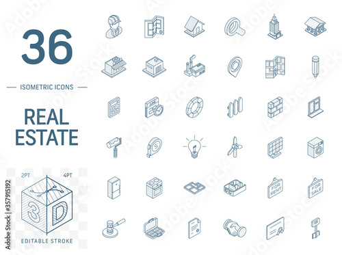 Isometric line art icon set. Vector illustration with real estste symbols. Agent, house, rent, key, apartment, sale, search, commercial and equipment pictogram. 3d technical drawing. Editable stroke