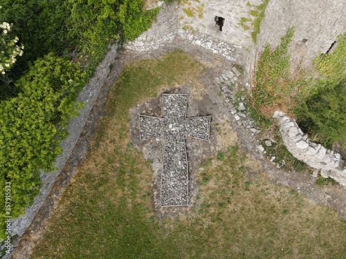 Aerial view. Ruins of Dunmoe Castle , Anglo-Norman donjon. Navan. Ireland photo