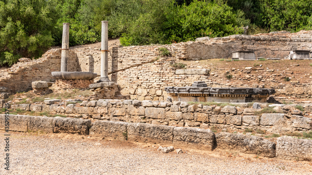 Ruins of the Nymphaion (or Nymphaeum) a monumental fountain in ancient Olympia, Greece