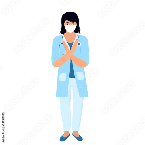 COVID-19. Coronavirus epidemic. doctor in protective medical mask. Stop virus concept. A woman shows a gesture of stop. Female lab worker. Nurse. Laboratory assistant
