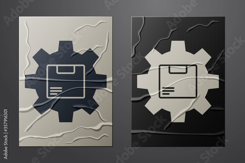 White Gear wheel with package box icon isolated on crumpled paper background. Box, package, parcel sign. Delivery and packaging. Paper art style. Vector Illustration