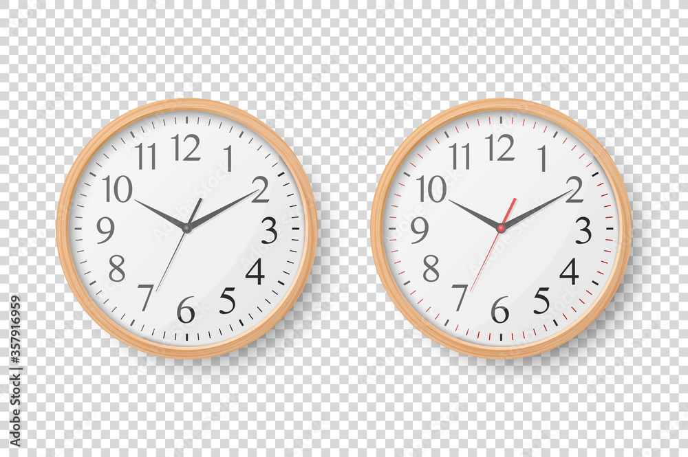 Vector 3d Realistic Simple Round Wooden Wall Office Clock with White Dial Icon Set Closeup Isolated on Transparent Background. Design Template, Mock-up for Branding, Advertise. Front or Top View Vector 3d Realistic Simple Round Wooden Wall Office Clock with White Dial Icon Set Closeup Isolated on Transparent Background. Design Template, Mock-up for Branding, Advertise. Front or Top View