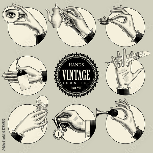 Set of round icons in vintage engraving style with hands and accessories