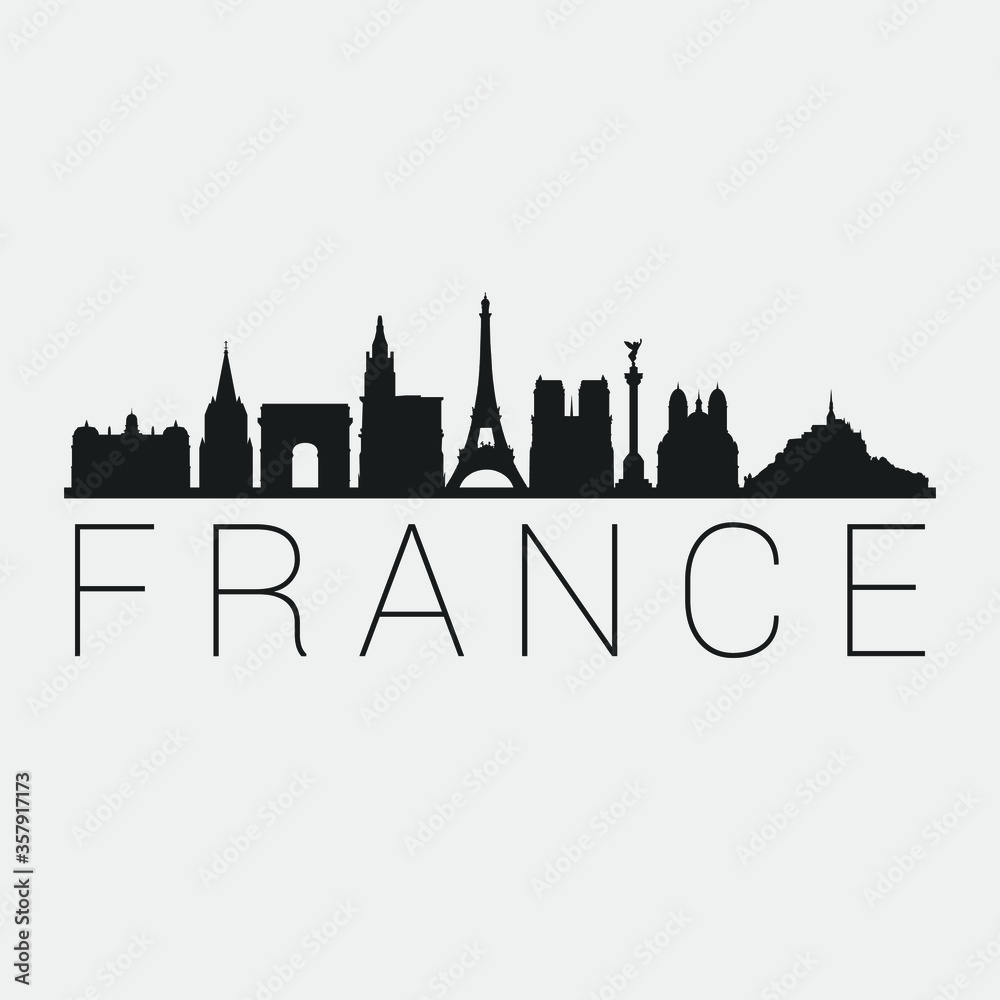 France Skyline Silhouette City. Design Vector. Famous Monuments Tourism Travel. Buildings Tour Landmark.