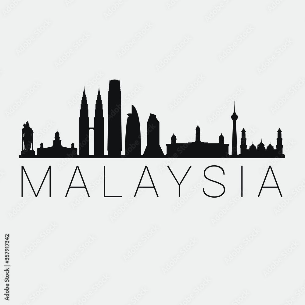 Malaysia Skyline Silhouette City. Design Vector. Famous Monuments Tourism Travel. Buildings Tour Landmark.