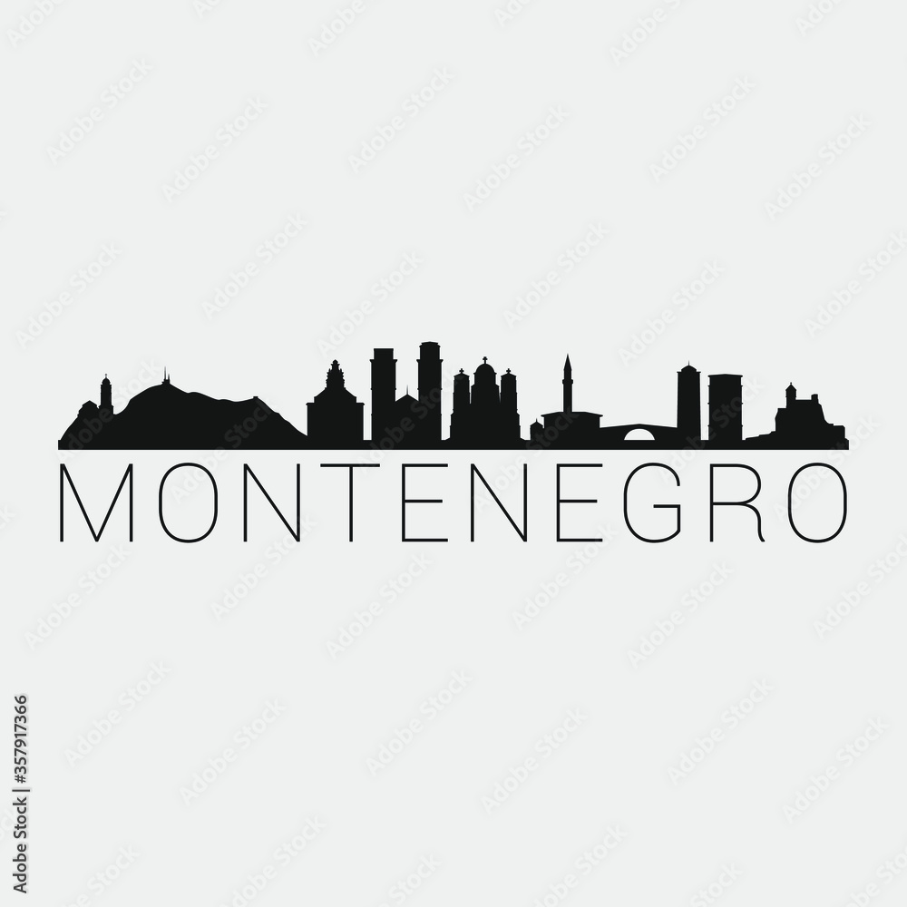 Montenegro Skyline Silhouette City. Design Vector. Famous Monuments Tourism Travel. Buildings Tour Landmark.
