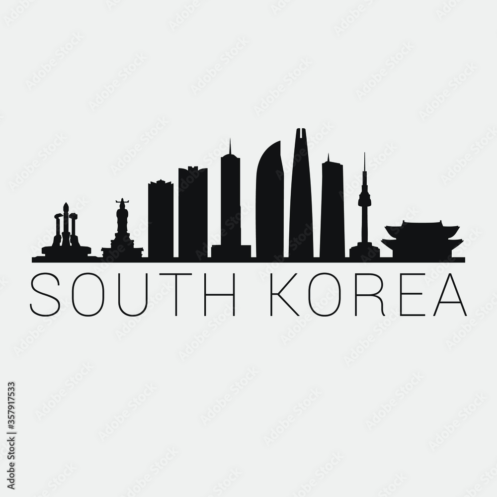 South Korea Skyline Silhouette City. Design Vector. Famous Monuments Tourism Travel. Buildings Tour Landmark.
