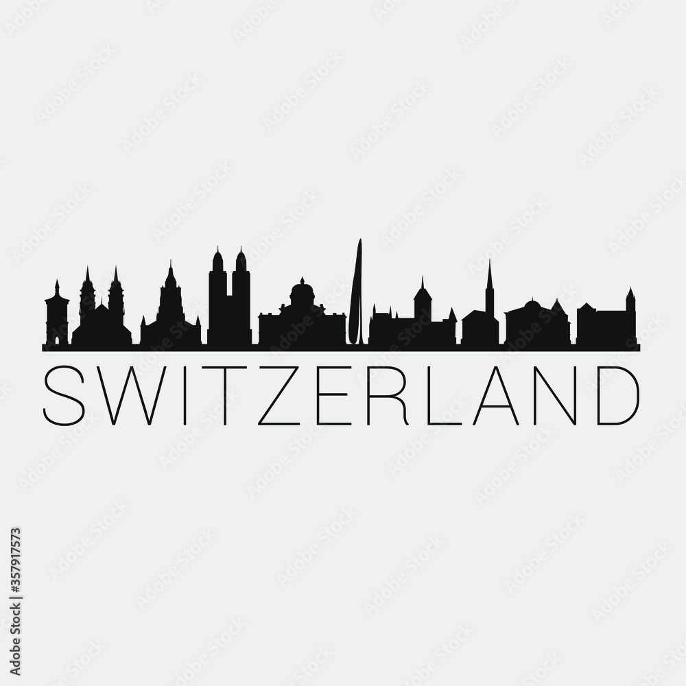 Fototapeta premium Switzerland Skyline Silhouette City. Design Vector. Famous Monuments Tourism Travel. Buildings Tour Landmark.