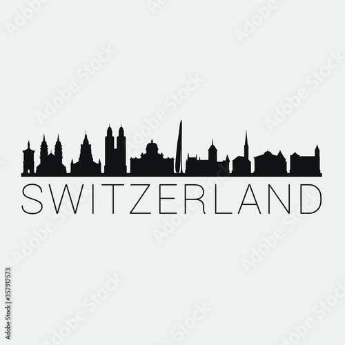 Switzerland Skyline Silhouette City. Design Vector. Famous Monuments Tourism Travel. Buildings Tour Landmark.