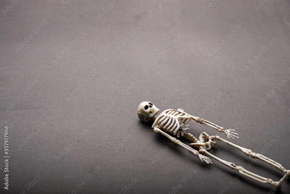a lone skeleton lies on a gray surface