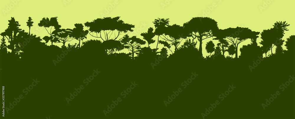 Rainforest silhouette. Jungle. Forest green landscape. Background vector illustration.