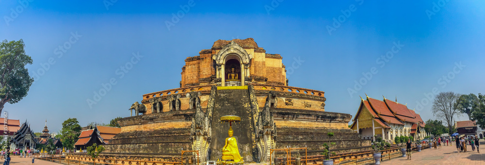 Old massive ruins pagoda of Wat Chedi Luang (temple of the big royal stupa), located in Chiang Mai, Thailand. Wat Chedi Luang was built in 1383 and the structure collapsed after an earthquake in 1545.