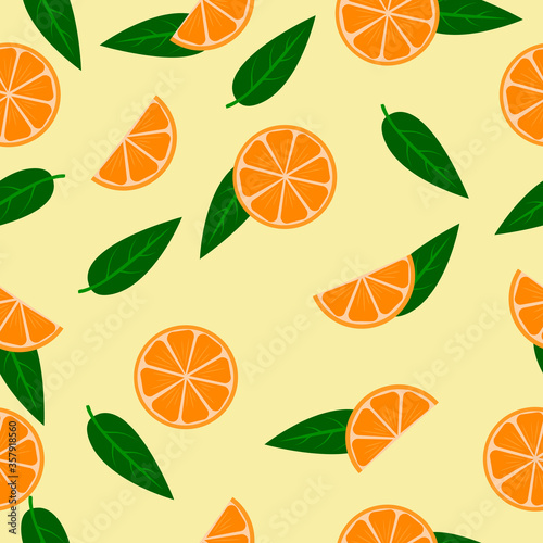 Fruit seamless pattern. Summer vector background with chopped orange on a yellow background. For the design of fabrics, packaging and wallpapers.