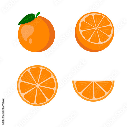 Set Oranges fruit - whole orange, 
half, piece and slice Orange. Fruits isolated on a white background. Stock vector illustration.