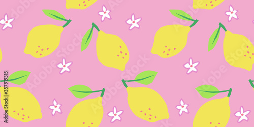 Seamless lemon vector pattern. Cute citrus summer fruit flower floral for wallpaper textile fabric designs. Cute vector illustrations in hand drawn style