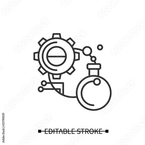 Experiment icon. Glass bulb with gear and information link linear pictogram. Creative idea test  scientific research and product evaluation concept. Editable stroke vector illustration