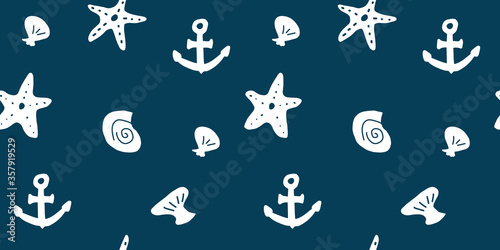 Vector seamless pattern with hand drawn summer elements, nautical designs, anchor ocean starfish seashell vacation tropical © F