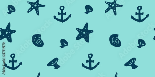 Vector seamless pattern with hand drawn summer elements, nautical designs, anchor ocean starfish seashell vacation tropical