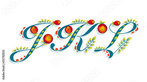 JKL, letters. Vector floral Alphabet set. Font with flowers bouquet composition of a decorative rose.