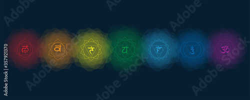 Chakras set: muladhara, swadhisthana, manipura, anahata, vishuddha, ajna, sahasrara. Vector line symbol. Icon with rounded circle smoke aura. EPS 10 Vector illustration. photo