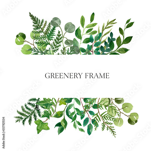 Watercolor greenery frame on white background. Fresh lush herbs, leaves, gree...