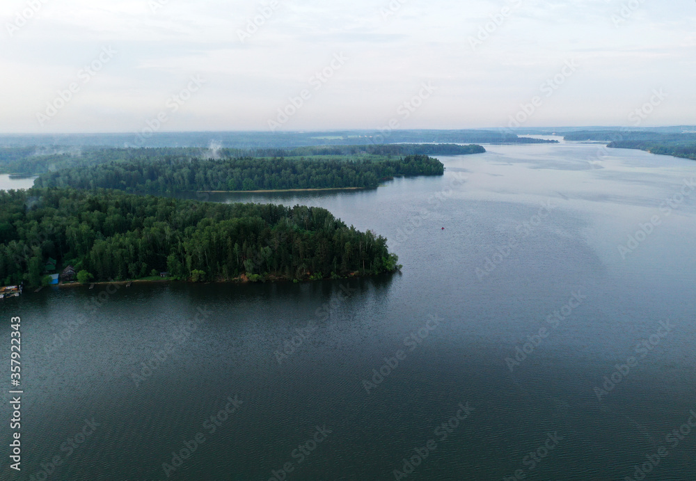 panoramic view of the river at sunset taken from a drone
