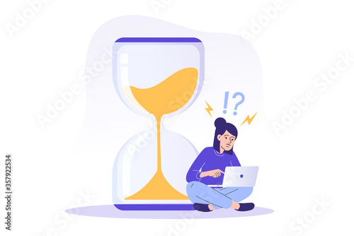 Deadline and time management concept. Young freelancer woman sitting near a big sand watch and trying to finish project on time. Task management and productivity. Isolated vector illustration