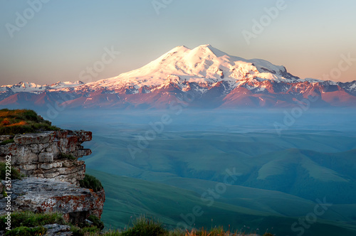Elbrus on the sunrise, mountains in summer