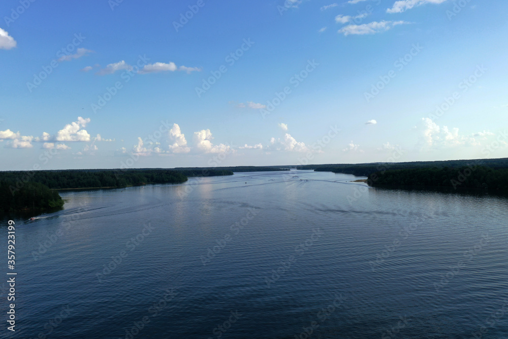 panoramic view of the river at sunset taken from a drone