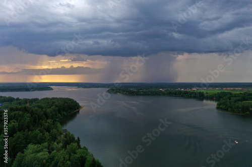 panoramic view of the river at sunset taken from a drone © константин константи