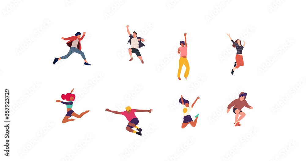 Happy jumping people flat vector illustration. Cheerful corporate employees cartoon characters set. Young male and female people in casual clothes isolated clipart. Diverse group of people.