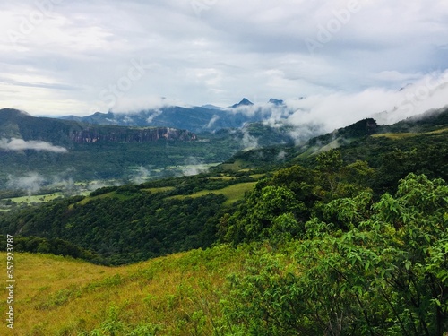 Landscape of misty mountain range