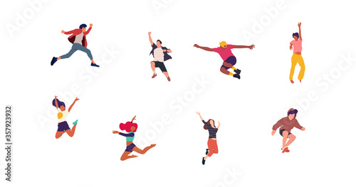 Happy jumping people flat vector illustration. Cheerful corporate employees cartoon characters set. Young male and female people in casual clothes isolated clipart. Diverse group of people.