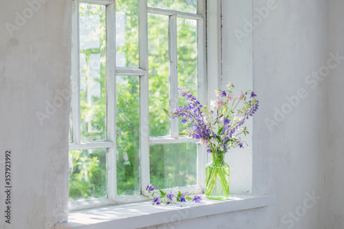 summer flowers in vase on windowsill in sunlight