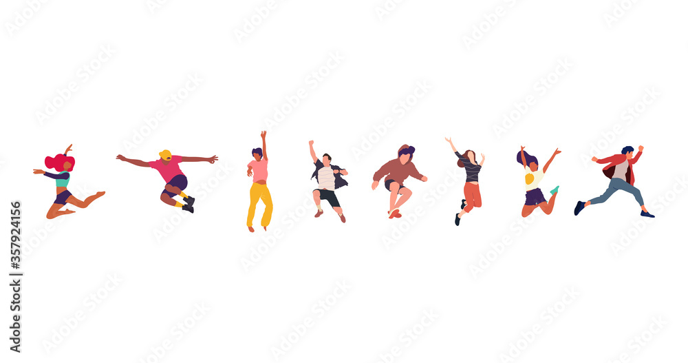 Happy jumping people flat vector illustration. Cheerful corporate employees cartoon characters set. Young male and female people in casual clothes isolated clipart. Diverse group of people. Happy jumping people flat vector illustration. Cheerful corporate employees cartoon characters set. Young male and female people in casual clothes isolated clipart. Diverse group of people.